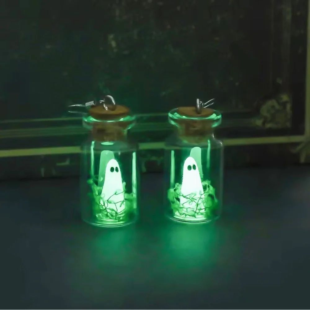 Glow-In-The-Dark Ghost Bottle Earrings – Blue